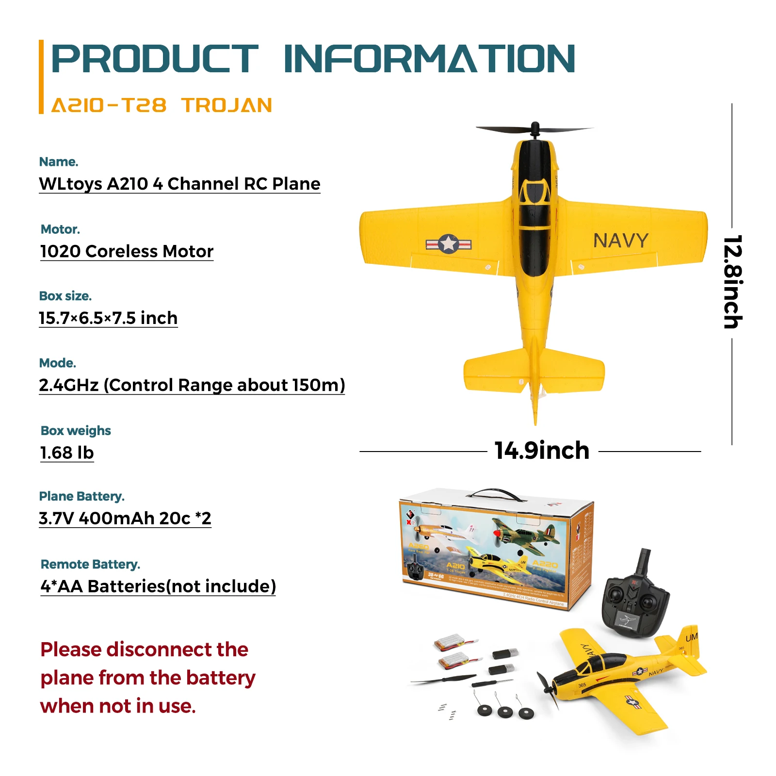 WLtoys A210 4CH RC 飛行機、2.4GHZ T28 Trojan RC 飛行機、6軸ジャイロ搭載4チャンネルリモコン飛行機、大人と男の子へのギフト