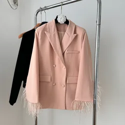 Cappotto Blazer con colletto dentellato rosa autunno moda di lusso nuovo cappotto allentato con piume di struzzo doppiopetto da donna di alta qualità