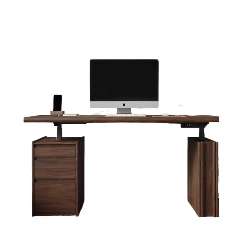 All solid wood intelligent electric lifting table study storage table home office learning black walnut lifting computer desk
