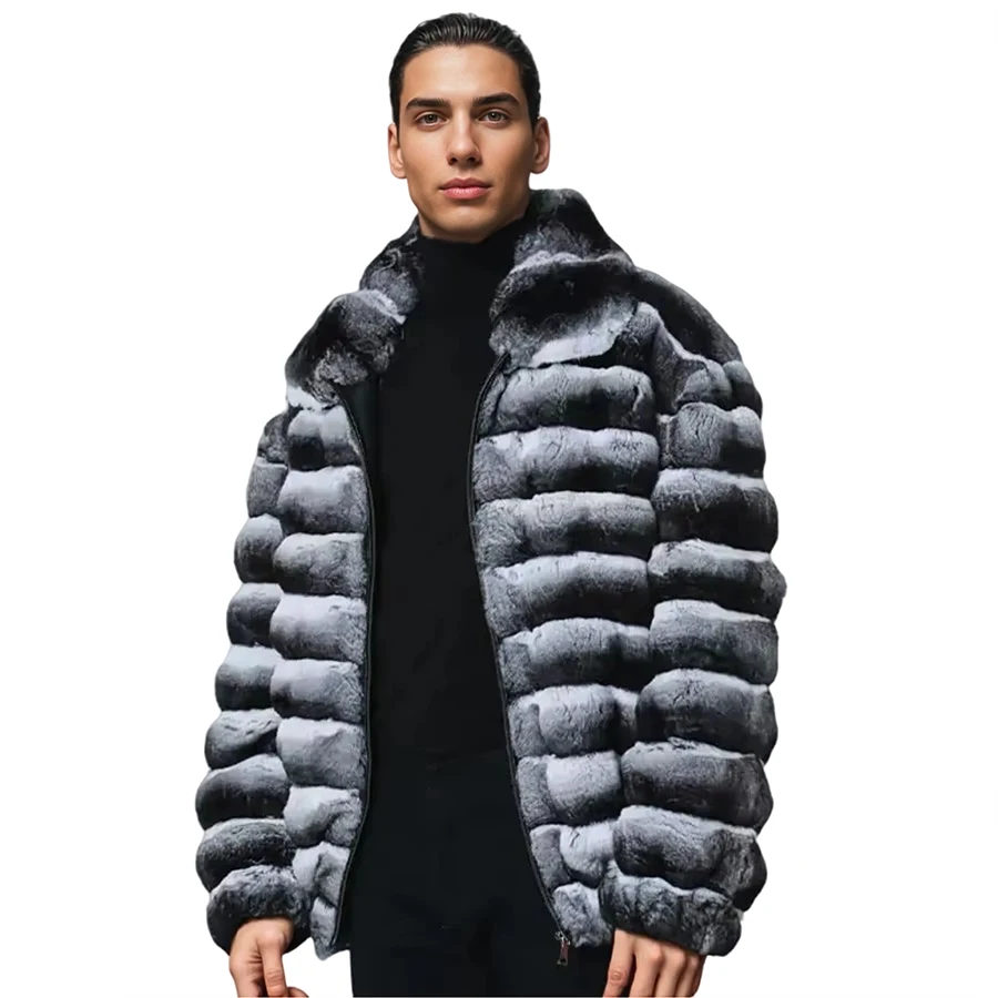 Real Rex Rabbit Fur Coat With Cross Cut Collar Chinchilla Jacket Men Cropped Fur Jacket New Clothing Genuine Fur Coats