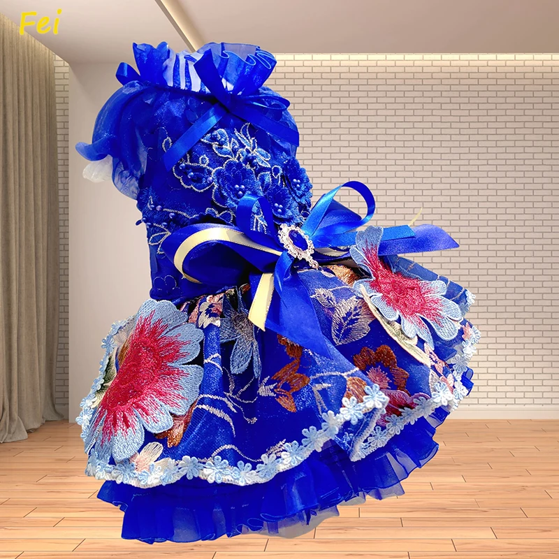

Luxury Handmade Dog Dress Floral Lace Princess - Blue Summer Party Gown for Small Breed Poodle Puppy Chihuahua Pet