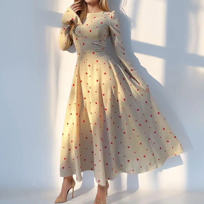 

2026 New Women's Retro Style Polka Dot Round Neck Long Sleeved Waist Cinching Dress
