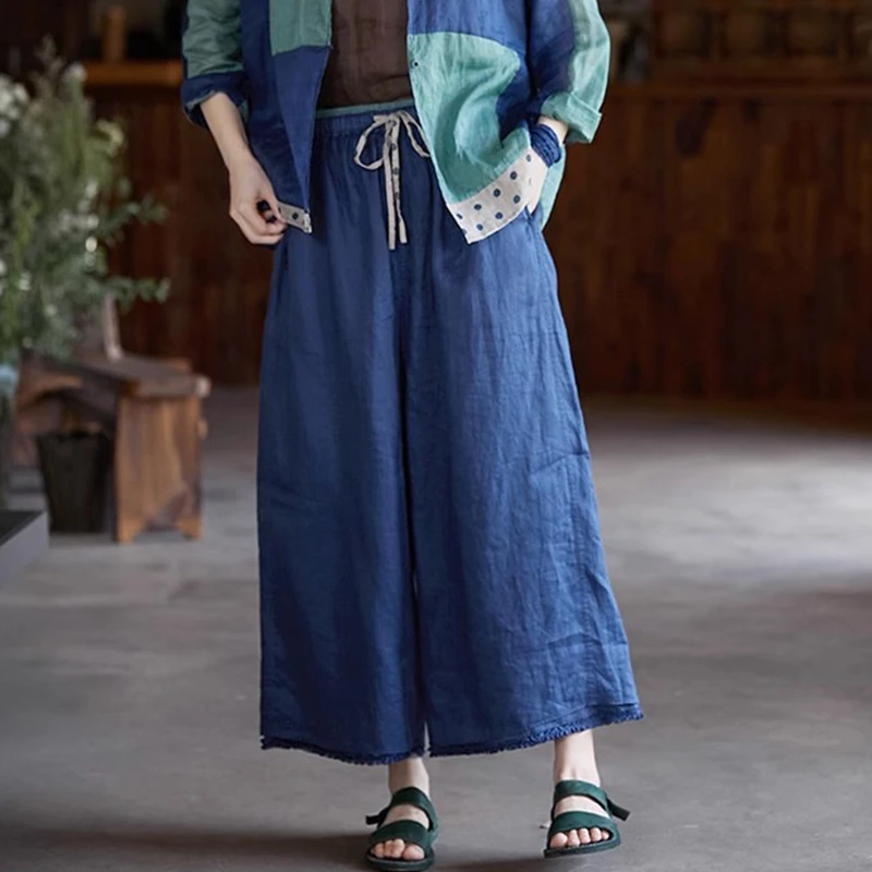 

High Quality Women Casual Linen Pant New 2025 Summer Vintage Style Solid Color Loose Comfortable Female Ankle-length Pants M1267