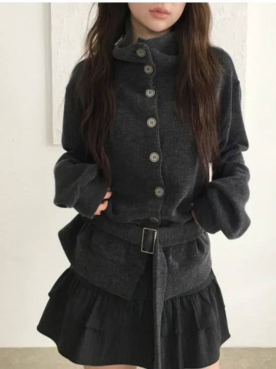 

Women's Loose Knitted Sweater Button High Collar Belted Cardigan Style Fashionable Elegant Lazy Style Outerwear Coat