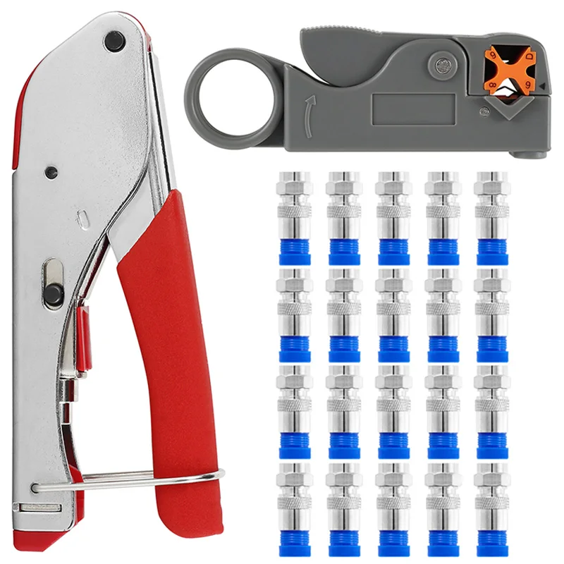 Coax Cable Crimper Tool RG6 Wire Stripper Tool with F Type Compression Connectors for RG59 Cable Stripper Cable Compression Kit
