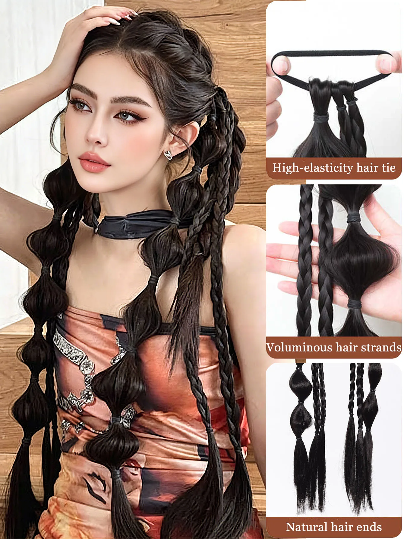 LM Synthetic Ponytail Hair Extensions Lantern Braided Ponytail Black Bubble Twist Braid Hair Tie for Women Festival Rave Styling