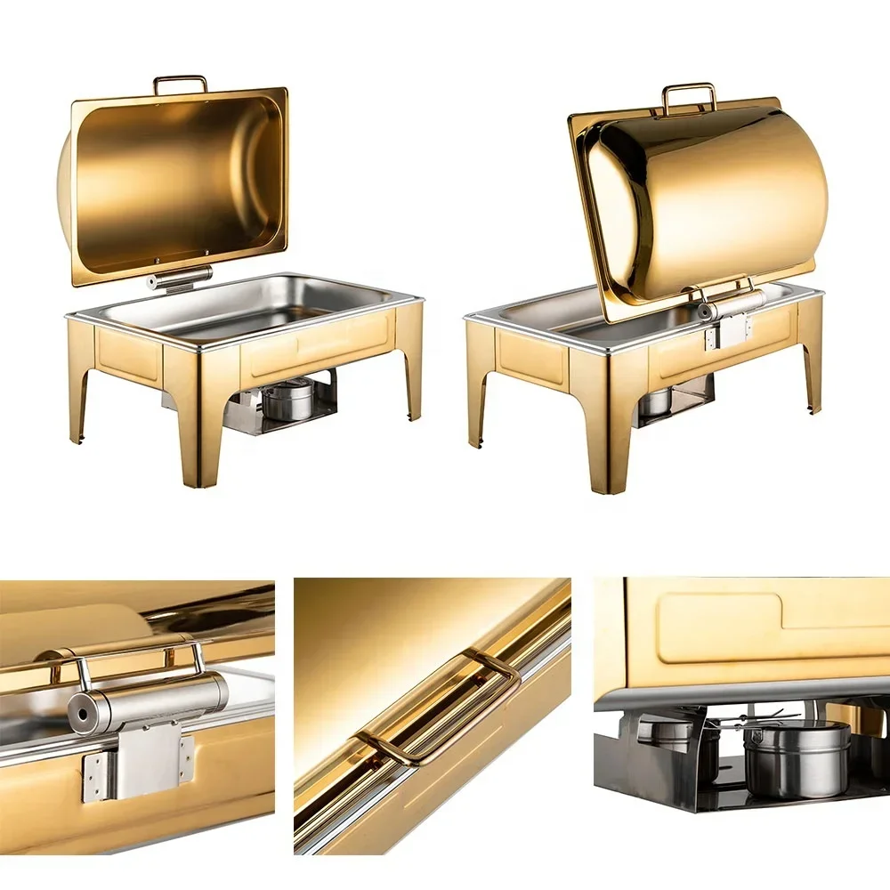 Hotel Restaurant Buffet Server Catering Chaffing Luxury 9l Gold Stainless Steel Cheffing Chafing Dish Buffet Set Food Warmer