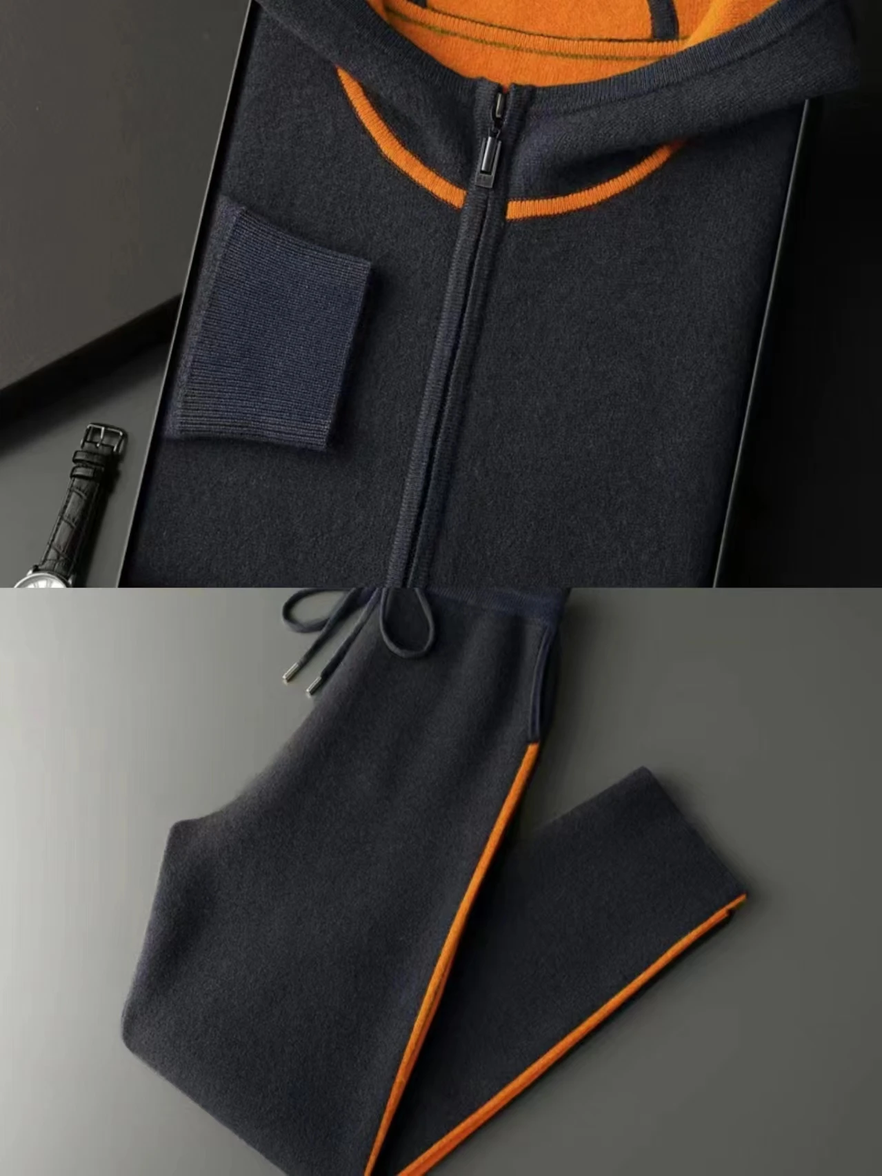 

100% кашемир, мужской кардиган с капюшоном, брючный костюм, осень-зима, плотный трикотаж, свитер высокого качества, брюки, умная повседневная одежда