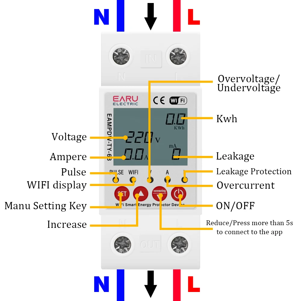 2P 63A TUYA APP WiFi Smart Circuit Earth Leakage Over Under Voltage Protector Relay Device Switch Breaker Energy Power kWh Meter