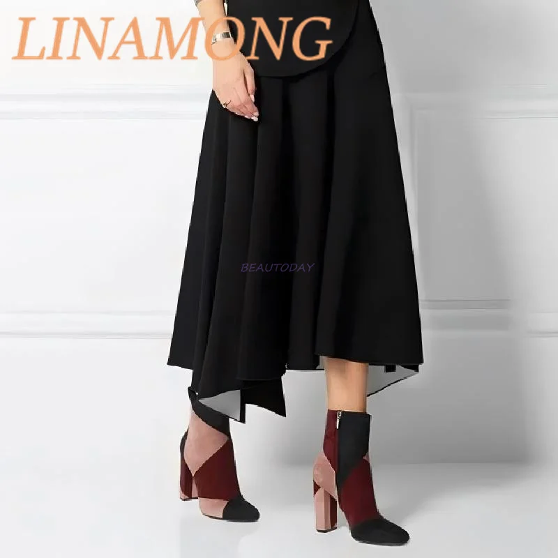 متعدد الألوان المرقعة الجلد المدبوغ أحذية قصيرة الخريف والشتاء وأشار كعب سميك وسحاب جانبي تصميم عالية الكعب أحذية الموضة