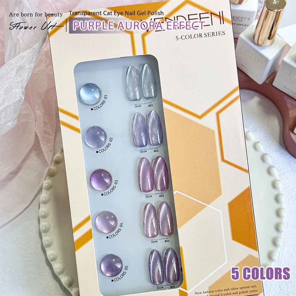 Vendeeni 5 colores/juego de esmalte de uñas de Gel de ojo de gato púrpura transparente UV LED barniz de uñas de cristal de gelatina con tarjeta de Color sin TPO/HEMA