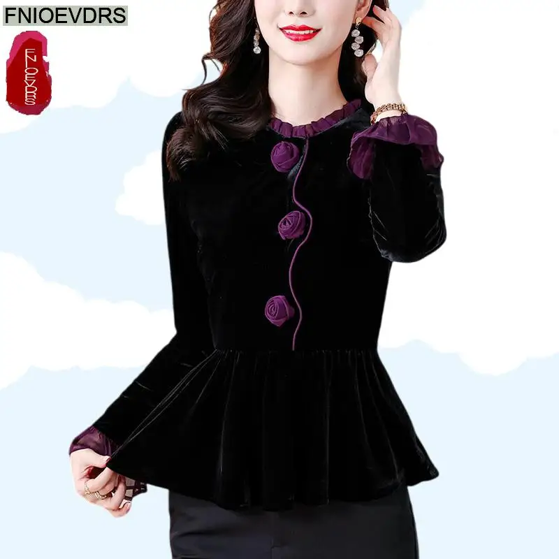 New Year 2025 Hot Black Velvet Beaded Top Basic Wear Women Elegant Office Lady Button Shirts Retro Vintage Peplum Tops Blouses