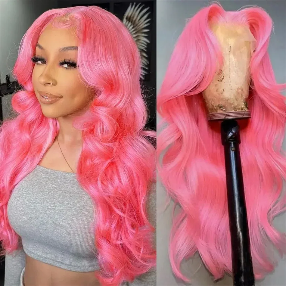 Pink 13x6 hd Lace Frontal Human Hair Wig for Women Choice Cosplay 200 density body wave 30 inch Colored Guleless Wig Wear and Go