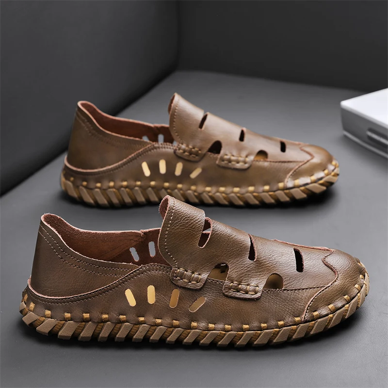 

Casual Breathable Handmade Men's Sandals Summer New Style Comfortable Slip-On Shoes Leather Inner Sole Rubber Outsole