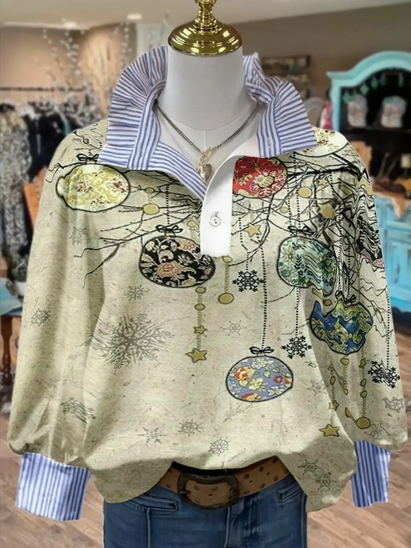  New Christmas Women's Spring and Autumn Winter Women's Stand up Collar Versatile Fashion Long Sleeve Rabbit Pattern Shirt