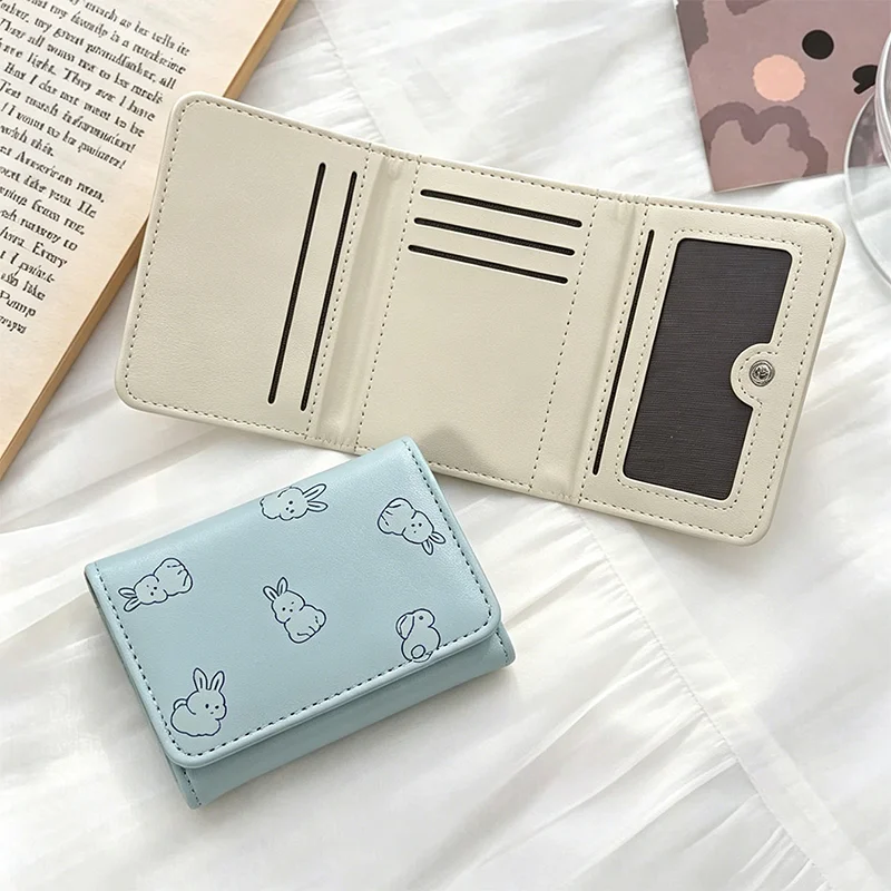 Rabbit Print Tri-fold Wallet, Light Large Multi Card Slots Mini Purse for Women Students Daily Carry