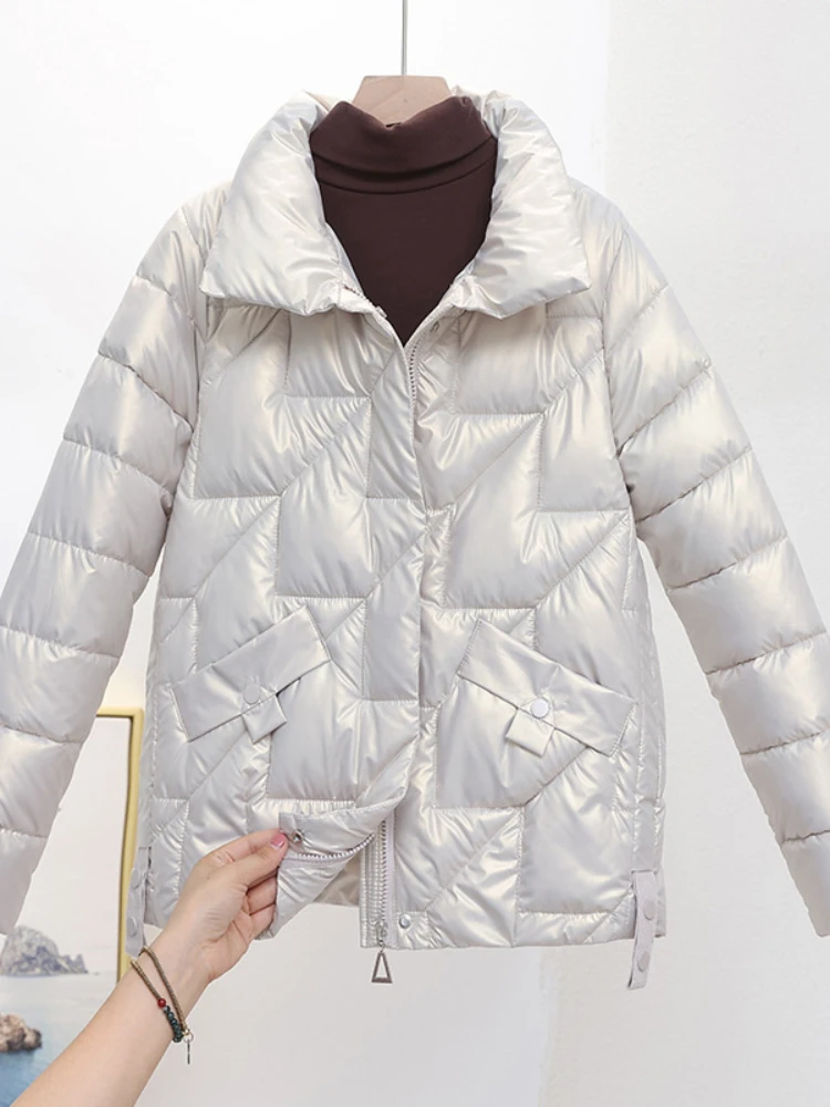 Jaquetas de algodão lustrosas femininas, parkas de inverno, casaco curto feminino, gola alta, parka quente casual, outwear, novo, 2023