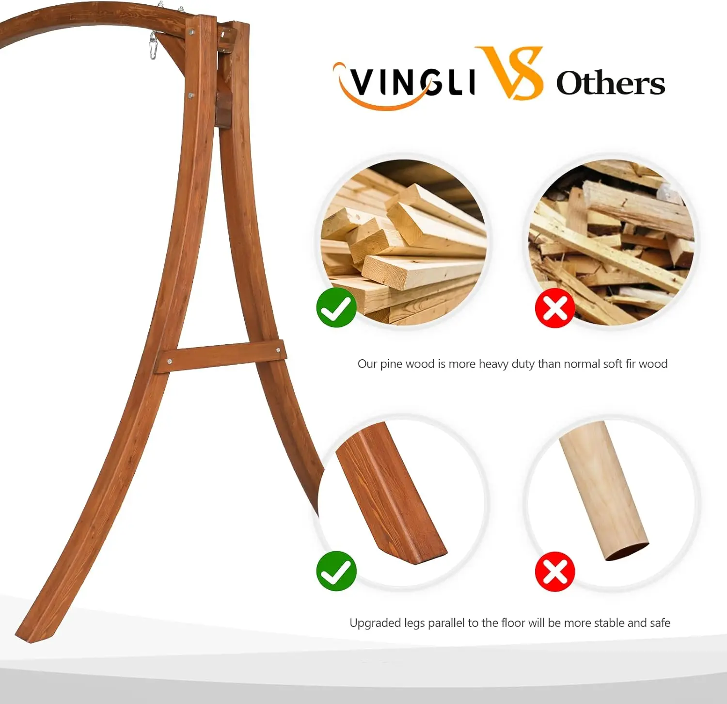 VINGLI Heavy Duty Wooden Swing Frame for Adults Kids, Strong A-Frame Porch Swing Bench Stand for Indoor & Outdoor,