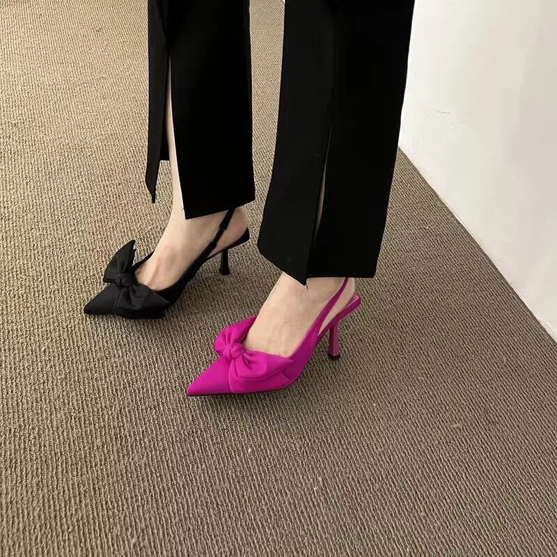 Women Shoes 2023 Summer New Butterfly Knot Women Slingbacks Heels Shoes Sexy Dress Thin Heel Pointed Toe Ladies High Heels Women