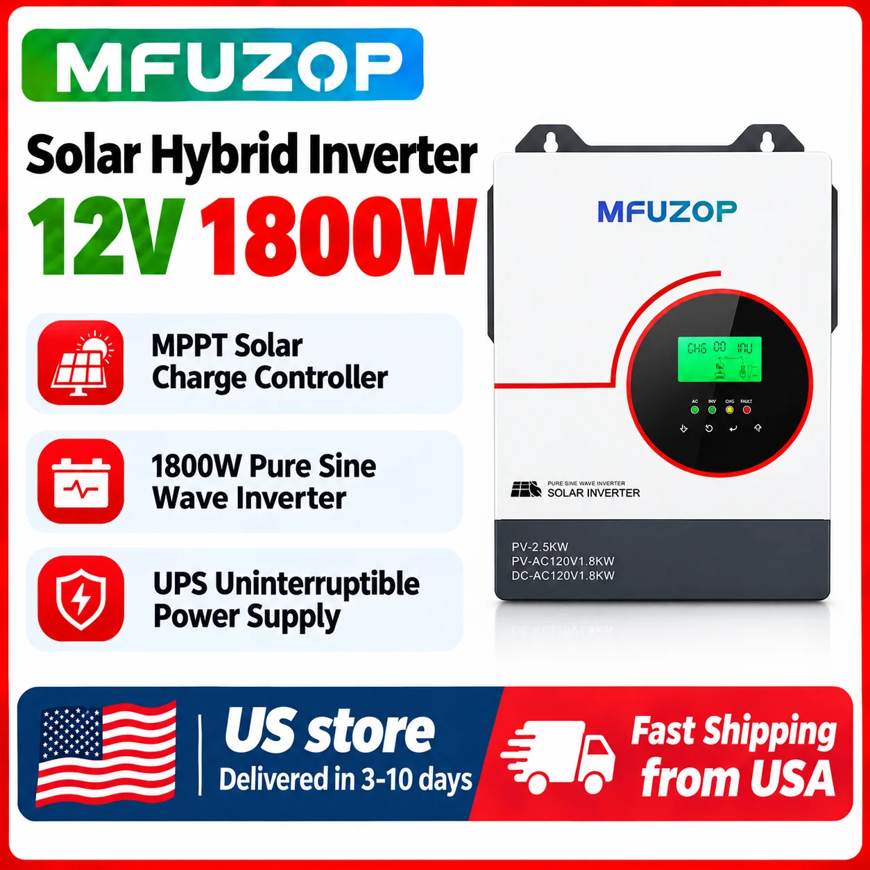 MFUZOP 12V1800W Hybrid Solar Inverter 12V DC to 110/120V AC MPPT Home BackupEfficient single MPPT for 12V LiFePO4 & lead‑acid batteries, batteryless PV run, LCD, multi‑mode & full safety protections.