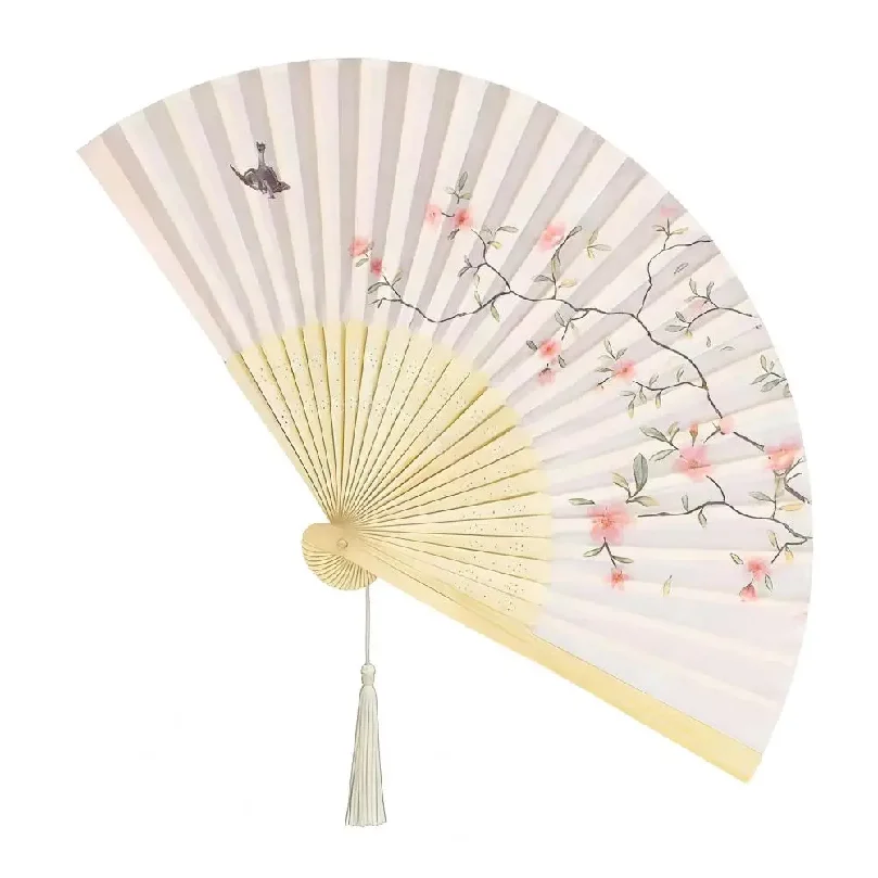 Flower Bird Print Folding Fan Decorative Folding Fan Chinese Style Folding Fan with Flower Bird Print Faux Silk Bamboo for Women