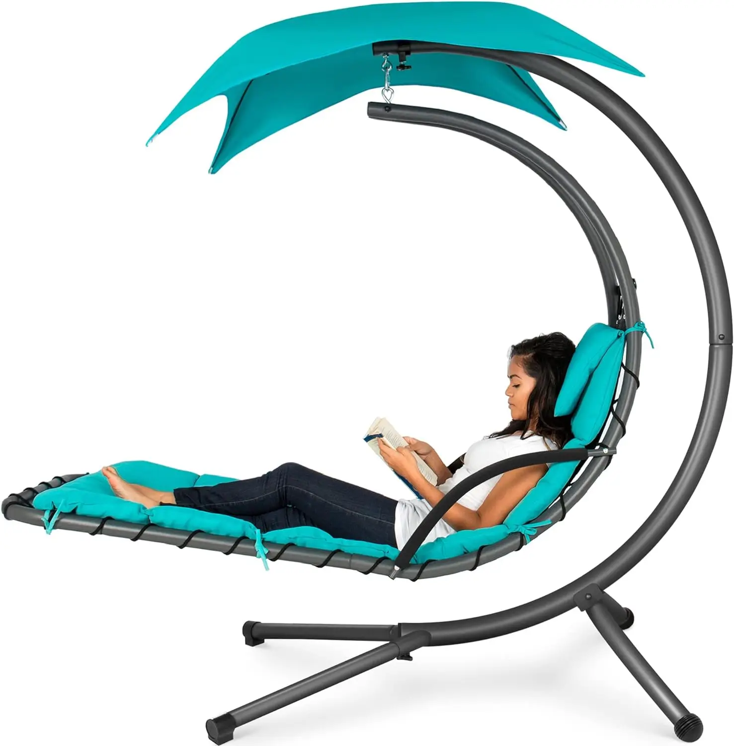 

Outdoor Hanging Curved Steel Chaise Lounge Chair Swing w/Built-in Pillow and Removable Canopy