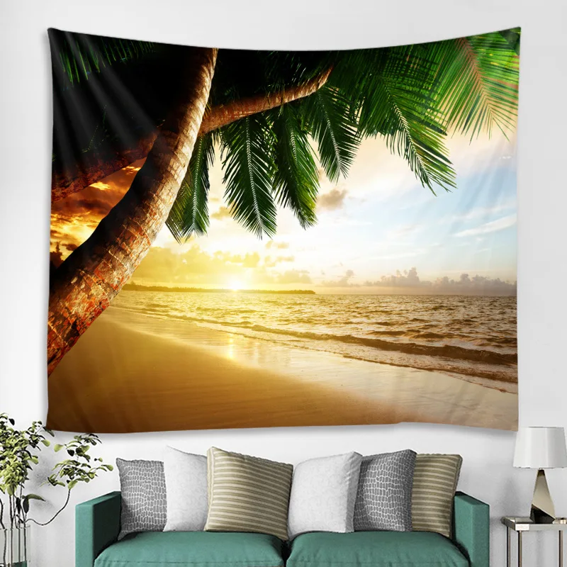 VIKAMA Tropical Sea View Tapestry Summer Vacation Style Bedroom Living Room Background Fabric Wall Decoration Hanging Fabric