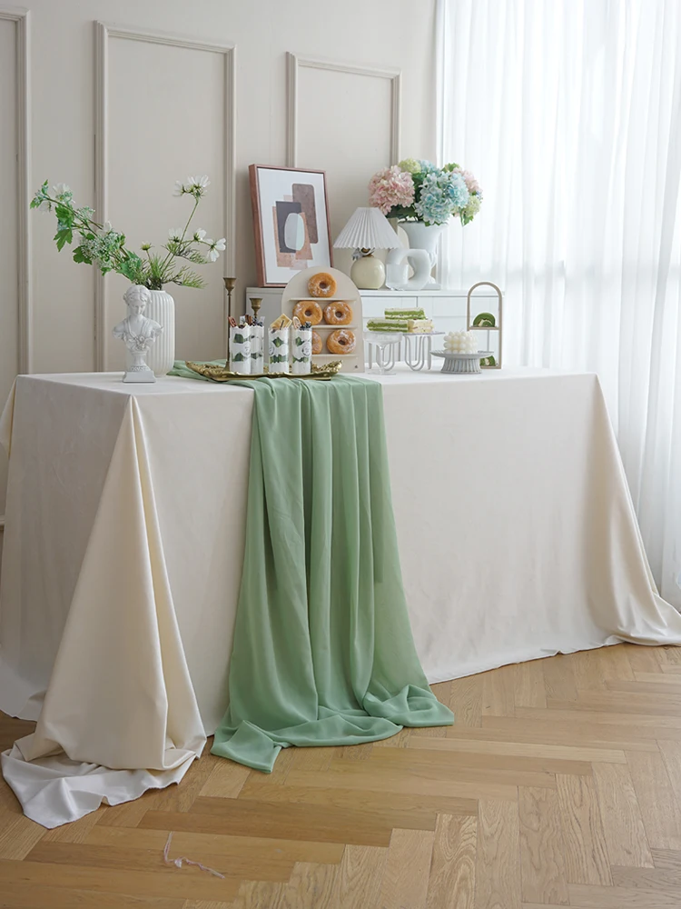 Mori Style Pure Green Beige Dessert Tablecloth Velvet European Outdoor Wedding Birthday Party Tea Break Table Decoration Fabric