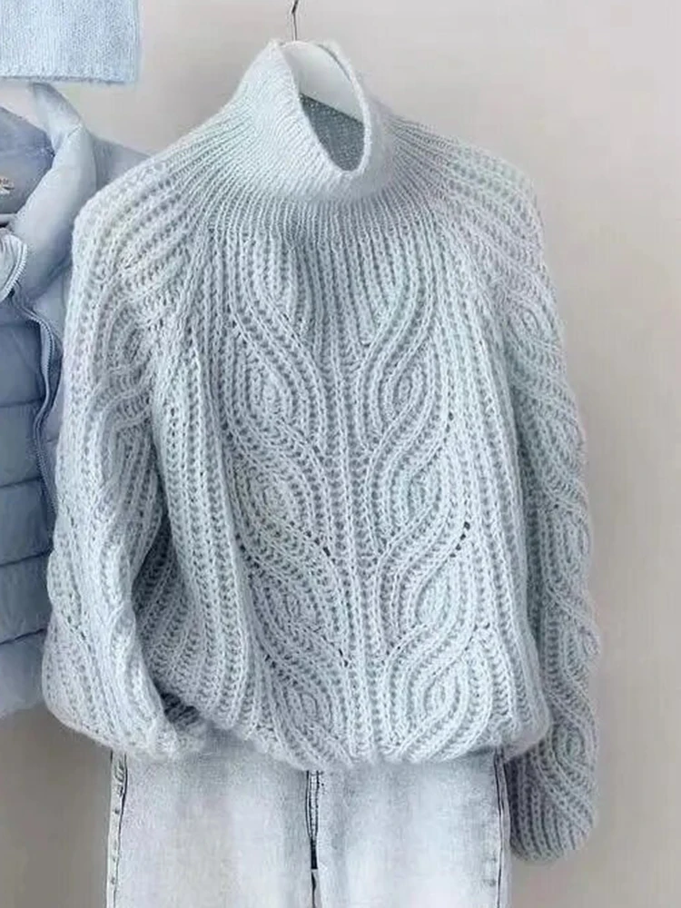 

Мягкий пастельно-синий витой вязаный свитер, женский весенне-осенний высокий воротник средней длины, открытый топ с разрезом, удобный уютный топ