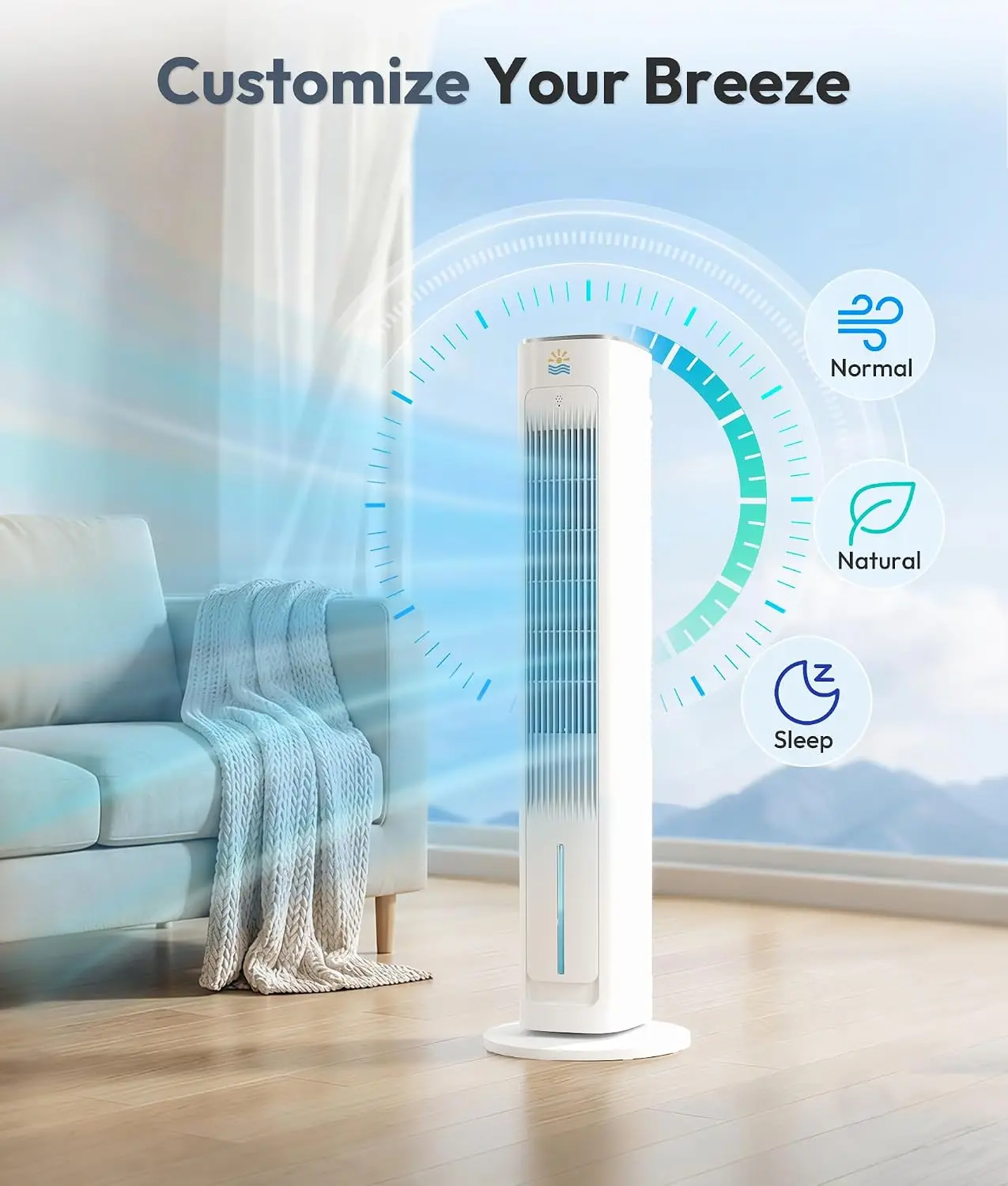 Portable Evaporative Air Cooler 3-In-1 Cold Blowing Cooling Fans 3L Water Tank 38 Inch Tower Fan Bedroom Office 3 Speeds 12H Tim