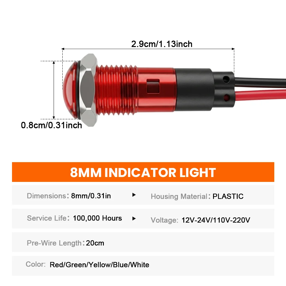 FILN 10PCS 8mm IP67 Waterproof Signal Lights 12V-24V/110V-220V LED Status Lamps for Boat Manufacturing Equipment Control Module
