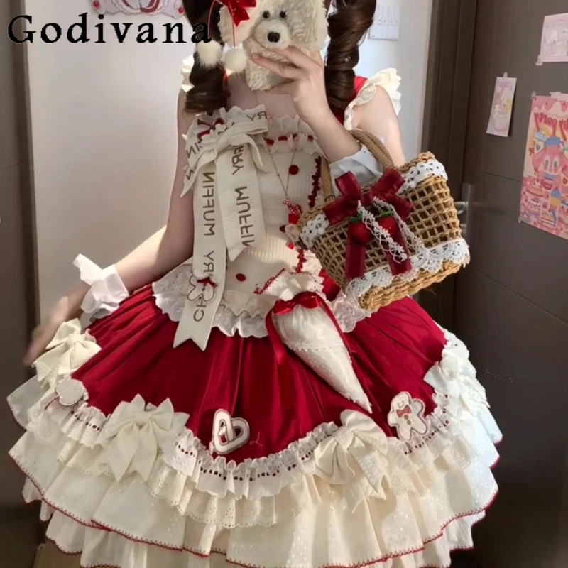 

Милое милое красно-белое платье Лолиты, женское винтажное платье Лолиты для куклы, свадебное платье принцессы для девочек, платье Лолиты для дня рождения