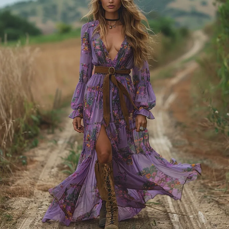 2025 Vestido de manga larga con cuello en V y estampado bohemio floral más vendido con detalles de volantes y cintura ahumada | Vestido maxi bohemio sexy
