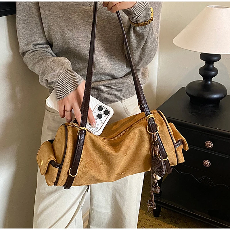 Autumn Winter Vintage Suede Boston Bag For Women Retro Color Block Shoulder Bag Casual Underarm Handbag With Woven Pendant