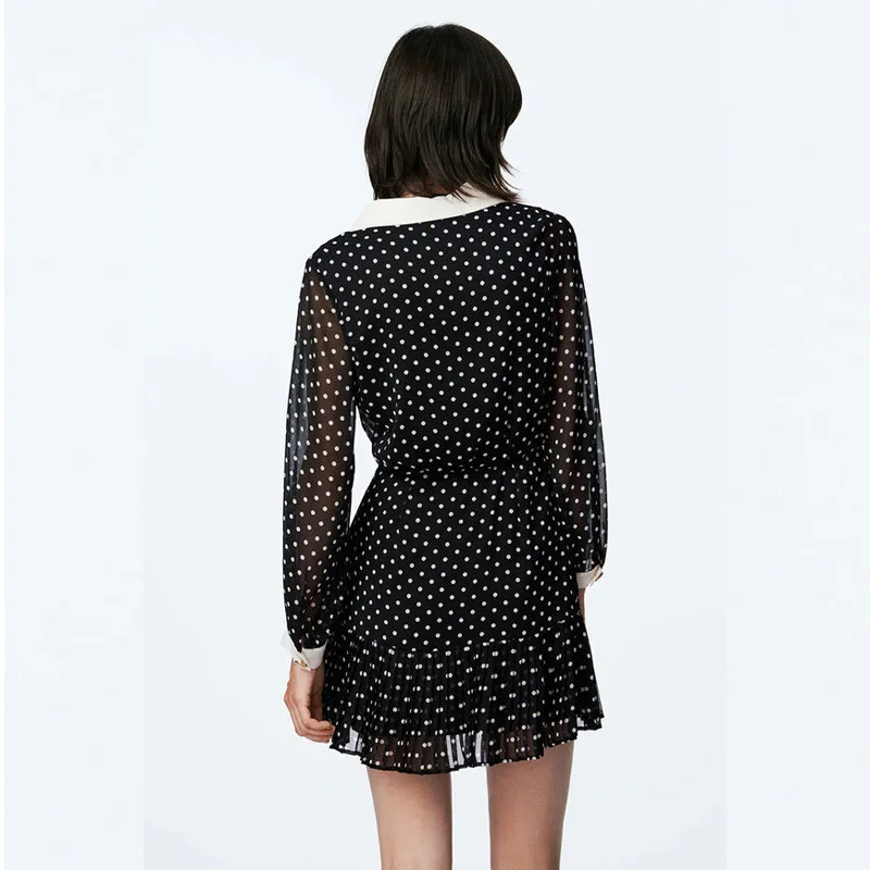 Fresh Polka Dots Print Chiffon Dresses Women Lapel Buttons See Through Chiffon Long Sleeve Mini Dress Female Spring Autumn New