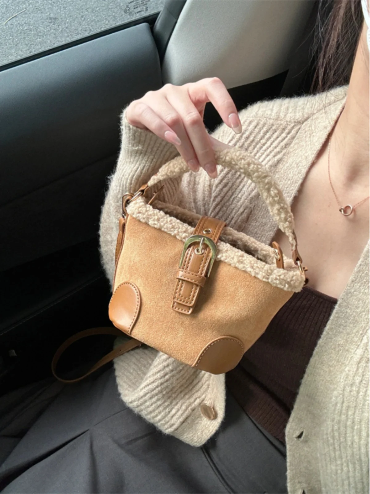 

Ретро-сумка-ведро из овечьей шерсти, модная женская сумка через плечо в корейском стиле, мягкая кожаная сумка на одно плечо