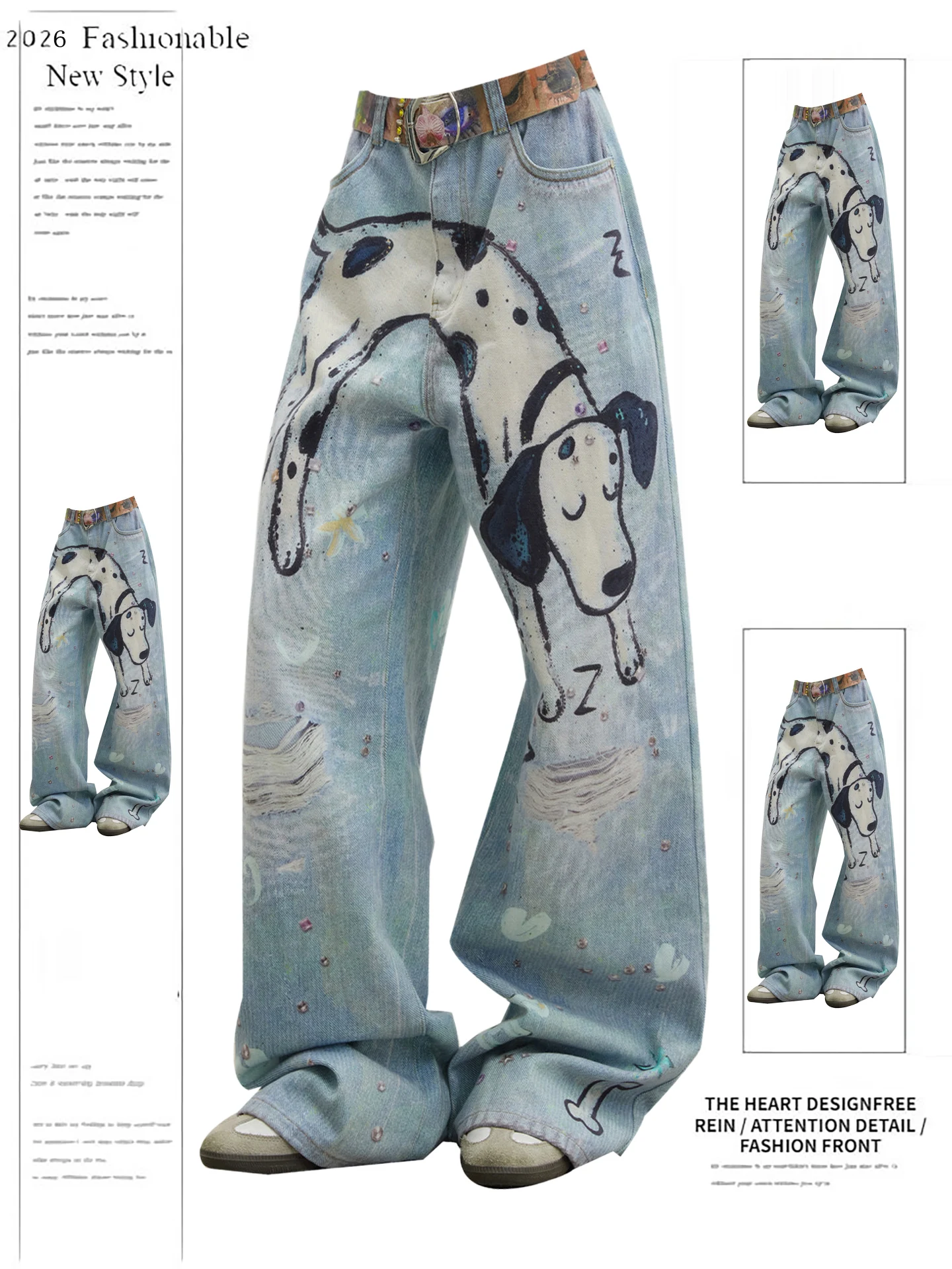

Retro American Waed Dog Print Jeans Women High Waist Wide Leg Pants Casual Comfortable Loose Straight Cut Denim Trousers