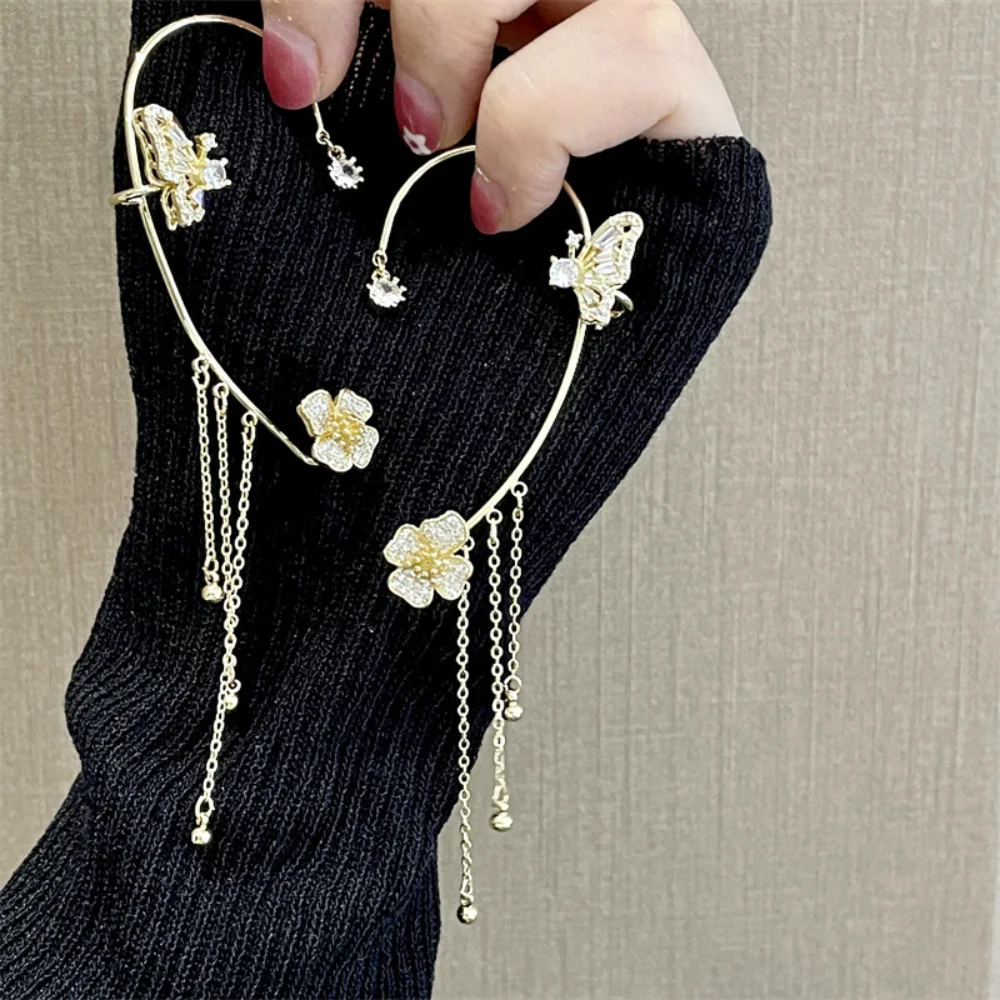 Fashion Butterfly Zircon Ear Cuff Gold Color Tassel Clip Earrings for Women Korean Copper Earring Without Piercing Jewelry Gifts