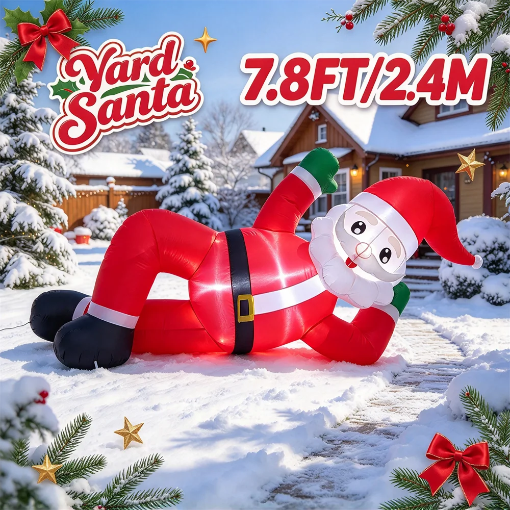 7.8FT Christmas Inflatable Model Outdoor Decoration Lying Santa Claus Yard Funny Ornament Built-In LEDs for Holiday Garden Home