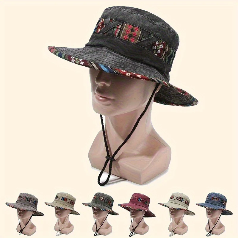

Vintage Washed Retro Fisherman Bucket Hat, Bohemian Embroidery Wide Brim Sun Hat, Unisex Street Style Cap for Spring Summer