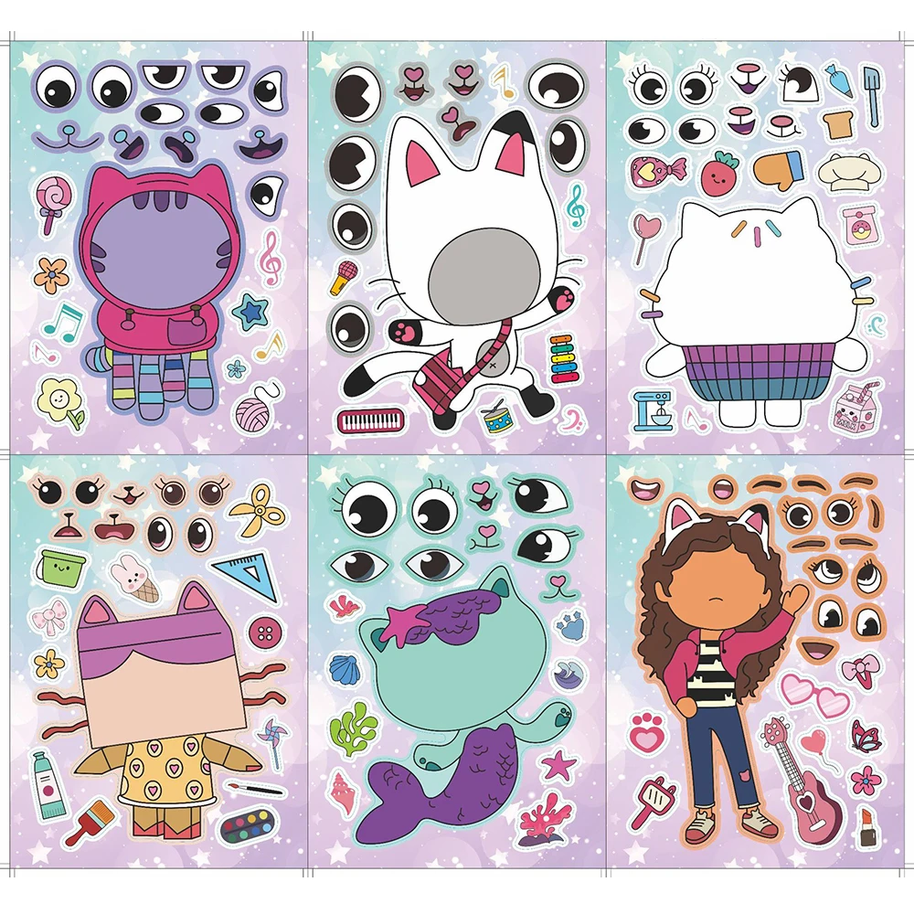 6/12Sheets Gabby's Dollhouse Make A Face Puzzle Stickers Kids Make Your Own DIY Game Children Cartoon Jigsaw Education Toys Gift