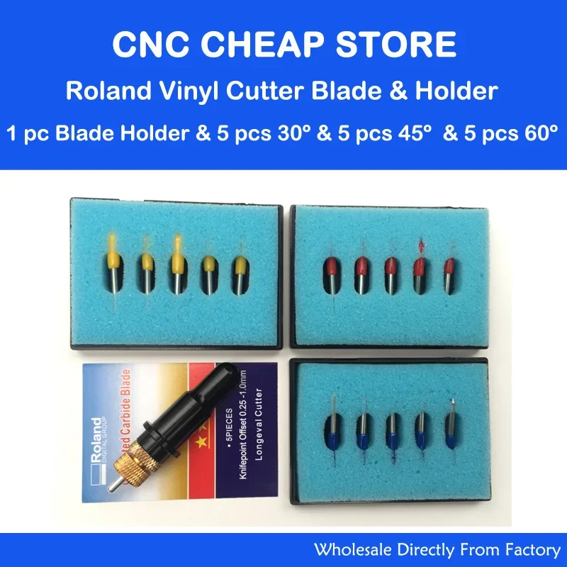 Roland Black Vinyl Cutter Blade Holder + 5 pcs 45 + 5 pcs 60 +5pc 30 Degree Roland Liyu Signcut Vinyl Cutter Blades