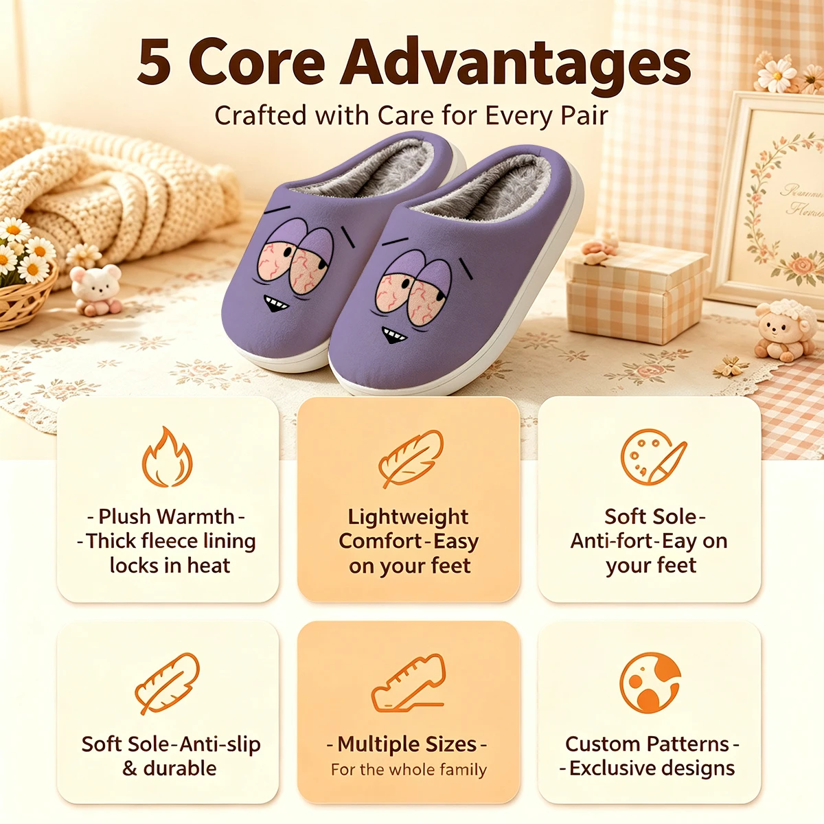 Sleepy Eyes Christmas White Slippers Warm Plush Indoor Shoes Non-Slip Winter Slippers Family Holiday Gifts Soft view 4