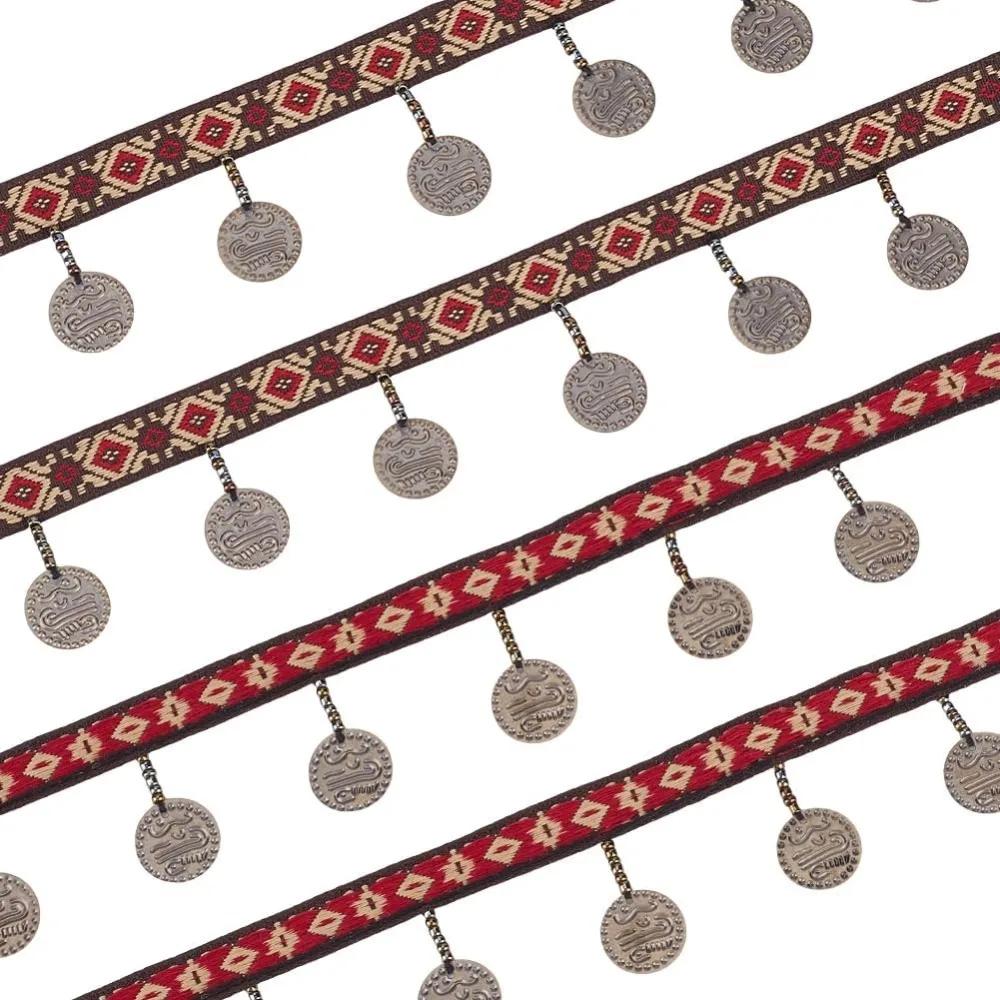 

5 ярдов винтажная вышитая жаккардовая лента 0,47 дюйма, полиэфирная лента из этнической ткани, односторонняя отделка, бахрома с едой 1,34 дюйма