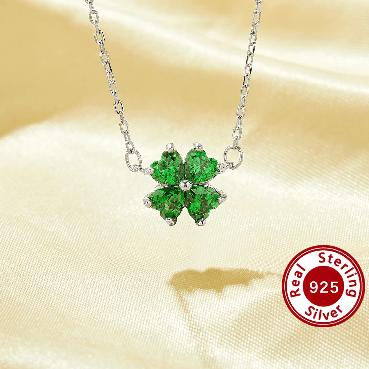 Four Leaf Clover Pendant Necklace With 4 Stone 4MM Heart Cubic Zirconia,Solid 925 Sterling Silver Necklace 16''+2'' 6170047