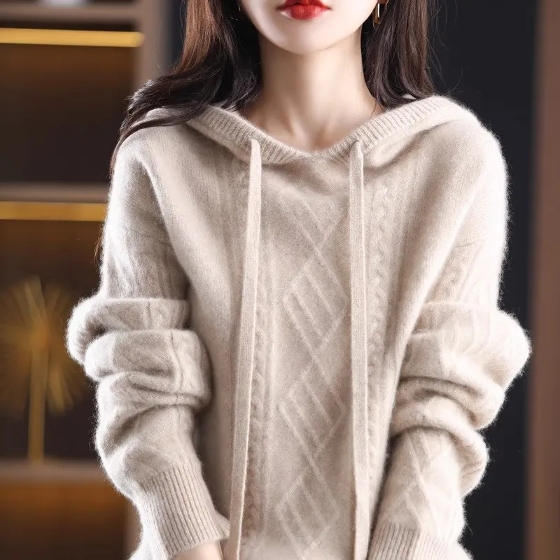 2025 Autumn/Winter new 100% pure wool hoodie women's hooded loose pullover twisted hoodie knitted base sweater