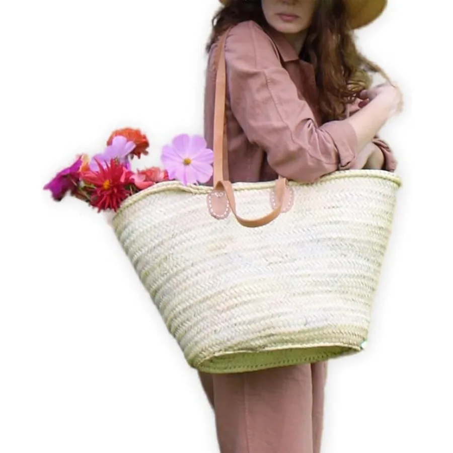 

French Market Basket with Double Flat Leather Handles Elegant Moroccan Straw Tote for Everyday and Beach Use