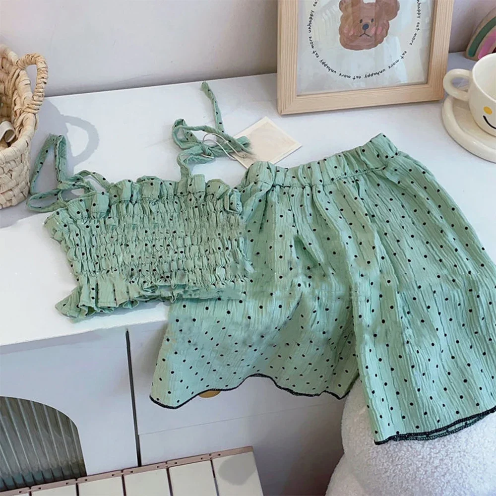 Summer New Green Casual Polka Dot Set Pleated Camisole Top+wide Leg Pants Two-piece Set Korean Version