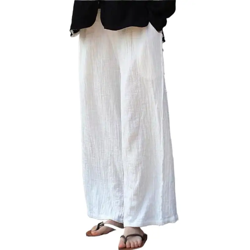 

Female Casual Elastic Waist Trousers Women Cotton Linen Pants Wide Leg Long Pants Streetwear Wine White Plus Size Street Wear