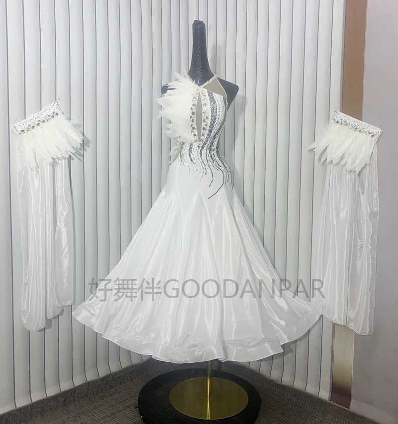 

GOODANPAR New Standard Ballroom Dance Dress Women Girls Competition Costume Sleeveless Lycra Waltz Stage white